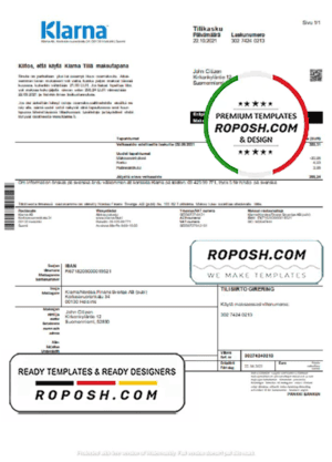 Finland Klarna Bank statement template in Word and PDF format, in Finnish language