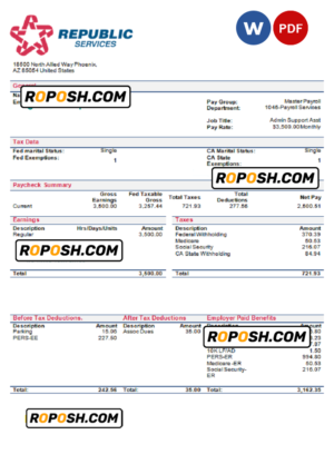 USA Republic Services waste management company pay stub Word and PDF template