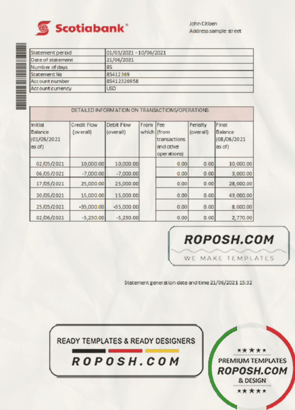 Hong Kong Scotiabank bank statement easy to fill template in Excel and PDF format