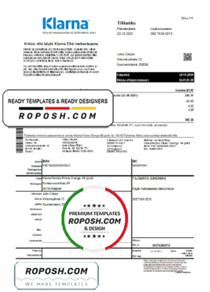 Finland Klarna Bank statement template in Excel and PDF format, in Finnish language