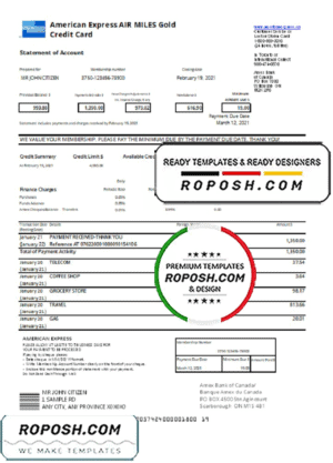 Canada American Express Air Miles Credit Card account statement template in .xls and .pdf file format (AutoSum)