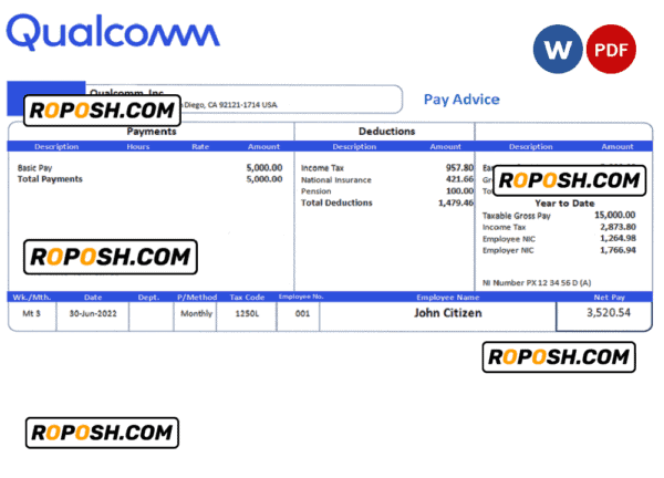 USA Qualcomm semiconductor company pay stub Word and PDF template