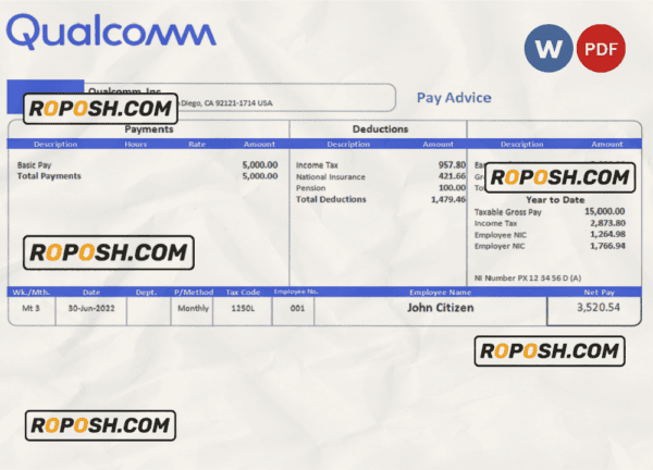 USA Qualcomm semiconductor company pay stub Word and PDF template