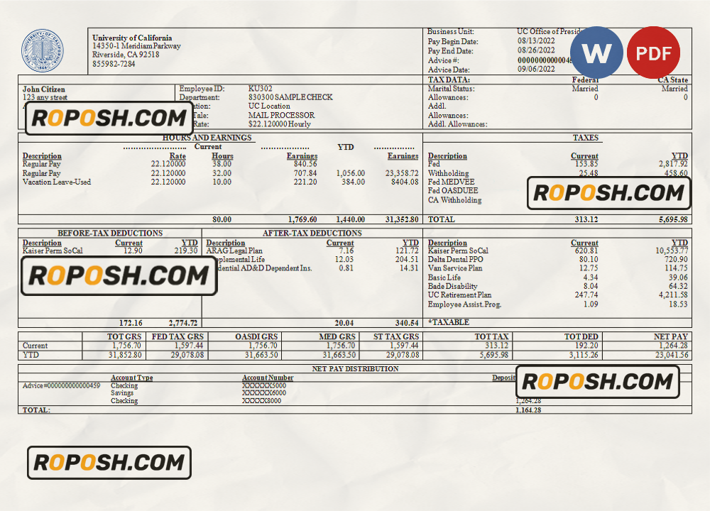 USA University of California educational company pay stub Word and PDF template scan effect