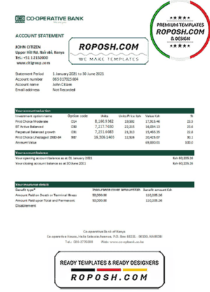 Kenya Co-operative Bank of Kenya bank statement easy to fill template in Excel and PDF format