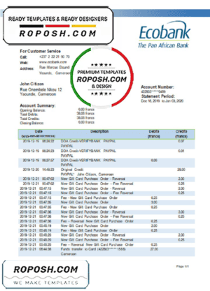 Cameroon Ecobank statement template in Word and PDF format