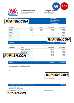 USA Marathon Petroleum company pay stub Word and PDF template