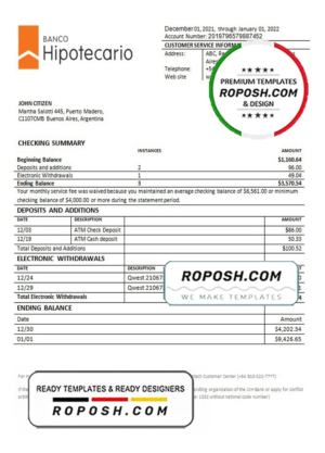 Argentina Banco Hipotecario bank statement template in Word and PDF format
