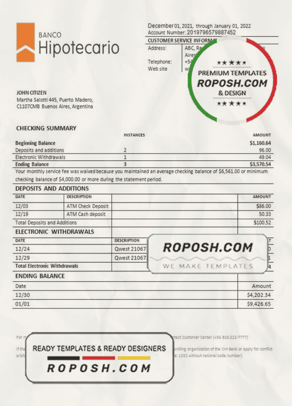 Argentina Banco Hipotecario bank statement template in Word and PDF format