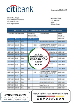Kenya Citibank bank statement template in Word and PDF format