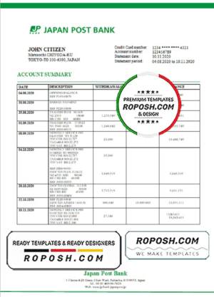 Japan Post Bank statement template in Word and PDF format, good for address prove