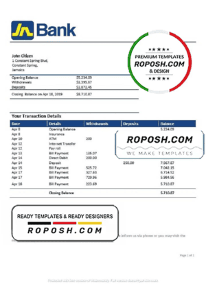 Jamaica National Bank proof of address statement template in Word and PDF format