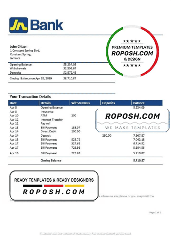 Jamaica National Bank proof of address statement template in Word and PDF format