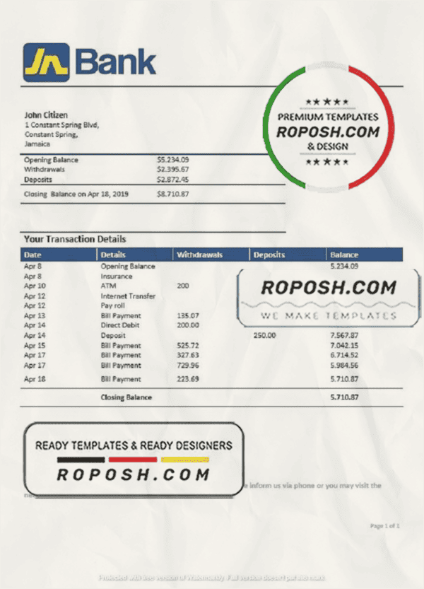 Jamaica National Bank proof of address statement template in Word and PDF format