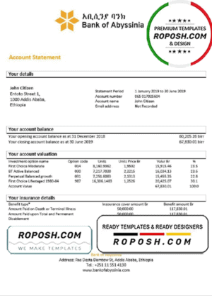 Ethiopia Bank of Abyssinia proof of address bank statement template in Word and PDF format