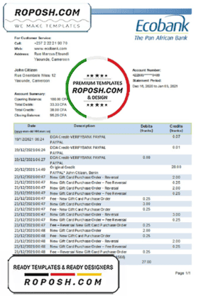 Cameroon Ecobank bank statement easy to fill template in .xls and .pdf file format