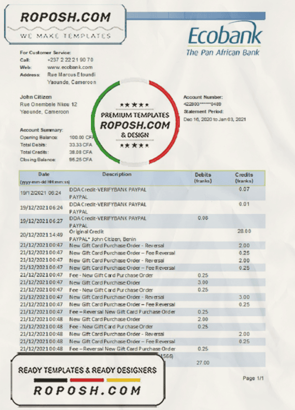 Cameroon Ecobank bank statement easy to fill template in .xls and .pdf file format