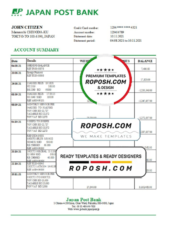 Japan Post bank statement easy to fill template in Excel and PDF format