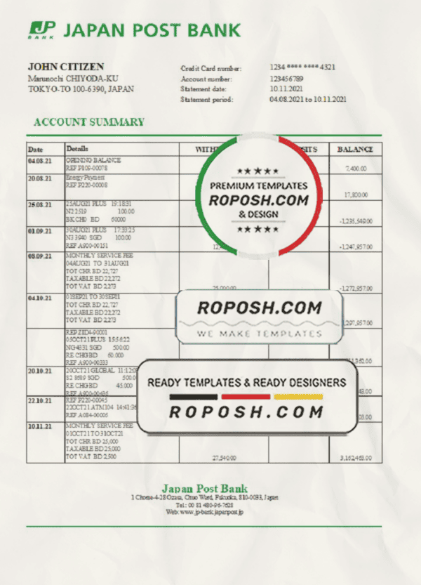 Japan Post bank statement easy to fill template in Excel and PDF format