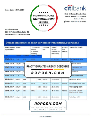 Hong Kong Citibank proof of address bank statement template in Word and PDF format