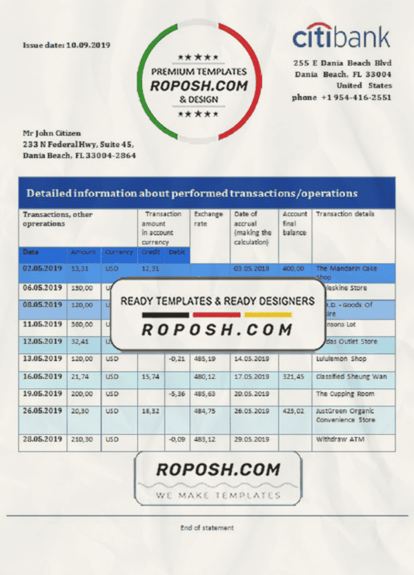 Hong Kong Citibank proof of address bank statement template in Word and PDF format
