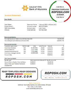 Ethiopia Bank of Abyssinia bank statement easy to fill template in .xls and .pdf file format