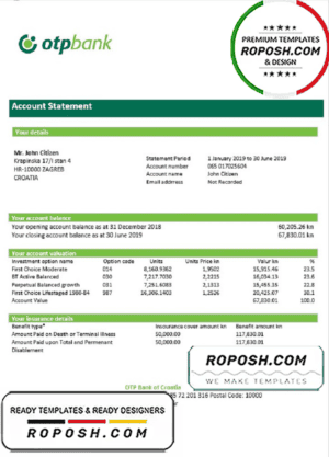 Croatia OTP proof of address bank statement template in Word and PDF format, .doc and .pdf format