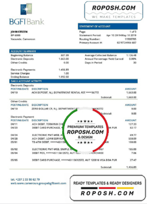 Cameroon BGFI Bank statement template in Word and PDF format