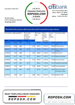 Hong Kong Citibank proof of address bank statement template in Excel and PDF format