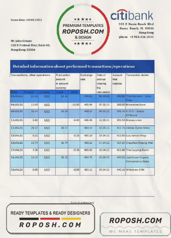 Hong Kong Citibank proof of address bank statement template in Excel and PDF format