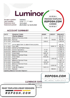Estonia Luminor bank statement easy to fill template in .xls and .pdf file format