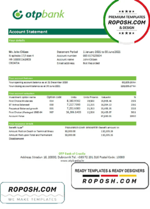 Croatia OTP Bank statement easy to fill template in Excel and PDF format