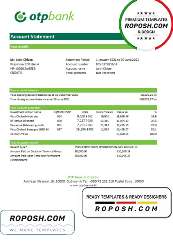 Croatia OTP Bank statement easy to fill template in Excel and PDF format