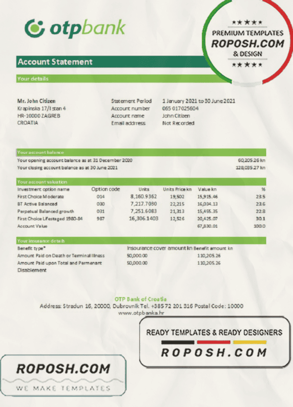 Croatia OTP Bank statement easy to fill template in Excel and PDF format