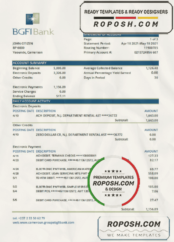 Cameroon BGFI bank statement easy to fill template in Excel and PDF format