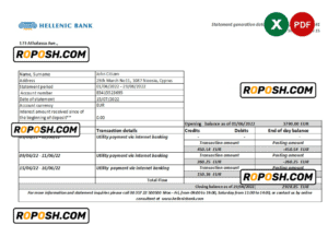 Cyprus Hellenic bank statement Excel and PDF template