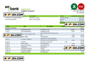 Czechia Air bank statement Excel and PDF template
