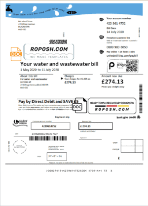 United Kingdom United Utilities water utility bill template in Word and PDF format