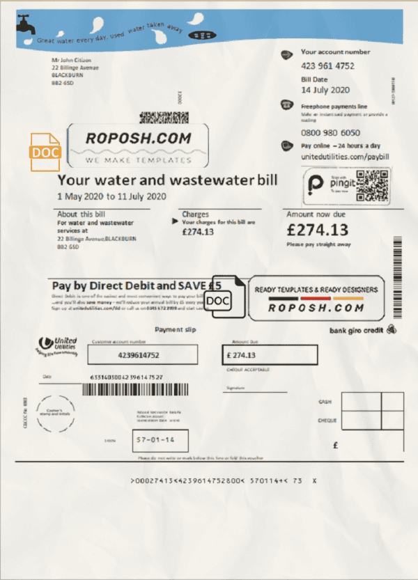 United Kingdom United Utilities water utility bill template in Word and PDF format