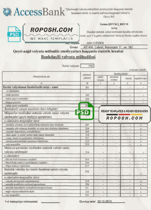 Azerbaijan Access bank statement template fully editable in PSD format