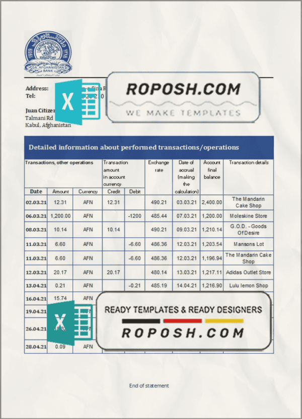 Afghanistan Da Afghanistan bank statement template in Excel an PDF format