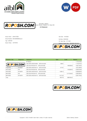 Bangladesh Al-Arafah Islami Bank statement, Word and PDF template
