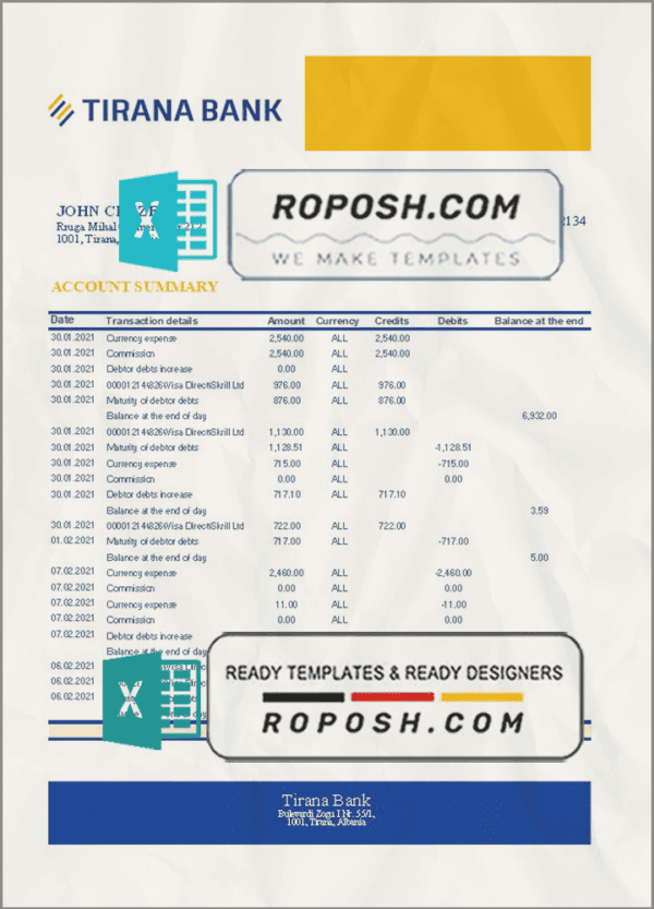 Albania Tirana bank statement template in Excel and PDF format
