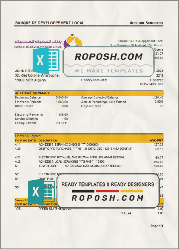 Algeria Banque De Developpement Local bank statement template in Excel and PDF format