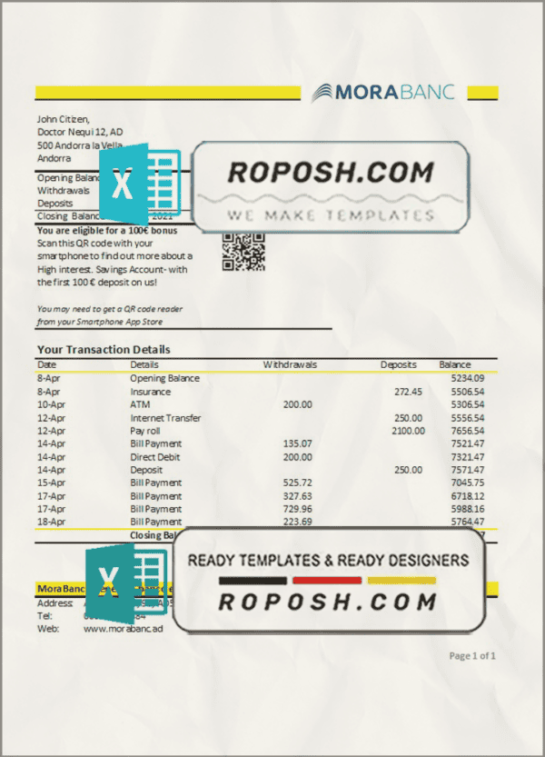 Andorra MoraBank bank statement template in Excel and PDF format