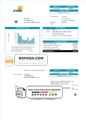 USA New Mexico PNM easy fillable utility bill template in Word and PDF format (.doc and .pdf)