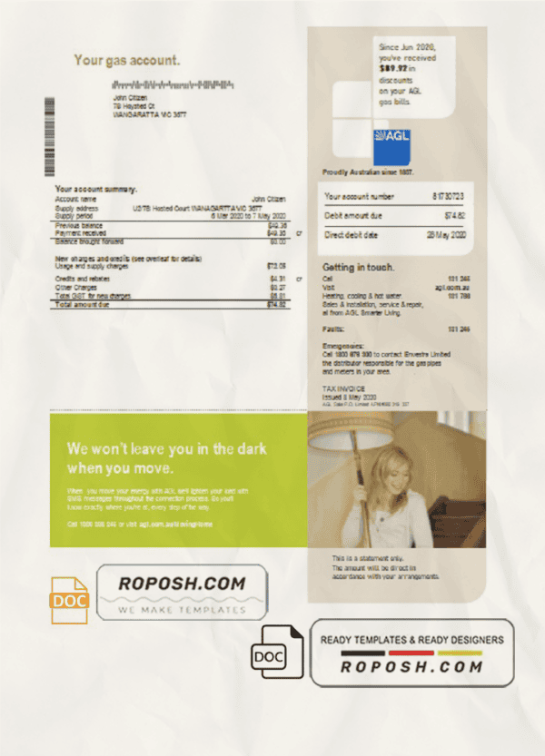 Australia AGL gas utility bill template in Word and PDF format