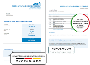 Australia ANZ proof of address bank statement template in .doc and .pdf format, 2 pages