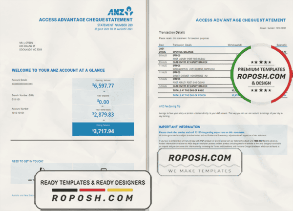 Australia ANZ proof of address bank statement template in .doc and .pdf format, 2 pages
