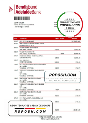 Australia Bendigo and Adelaide Bank bank statement template in Word and PDF format
